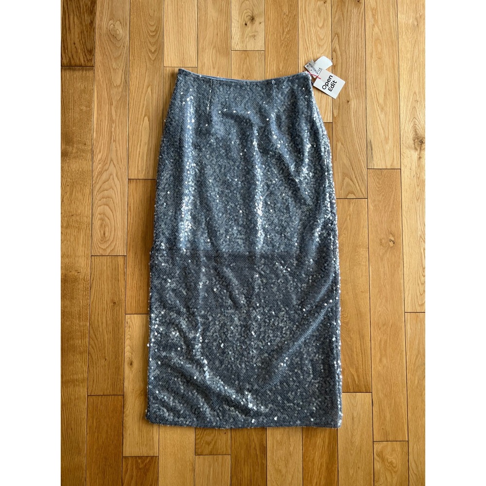 NEW Open Edit Blue Sequin Midi Skirt Lined Slit Statement Glamour Womens Size XS